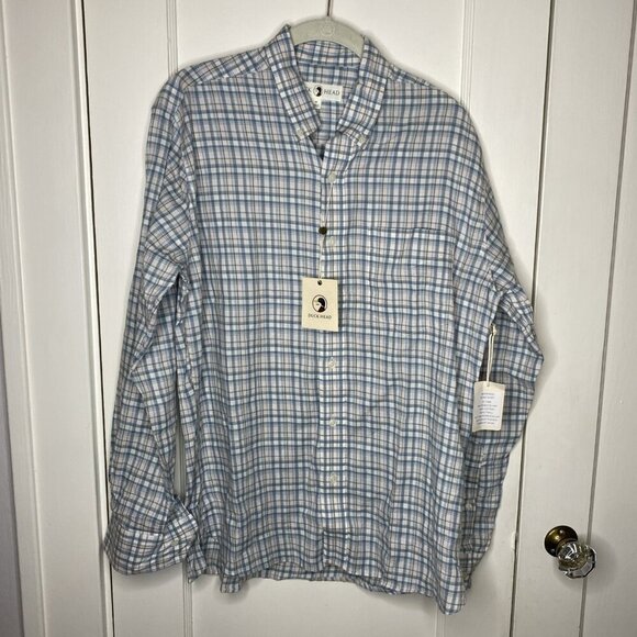 Duck Head Plaid Twill 662 Peach Blush Button Down Medium Shirt Blue Pink #5 - Picture 1 of 7